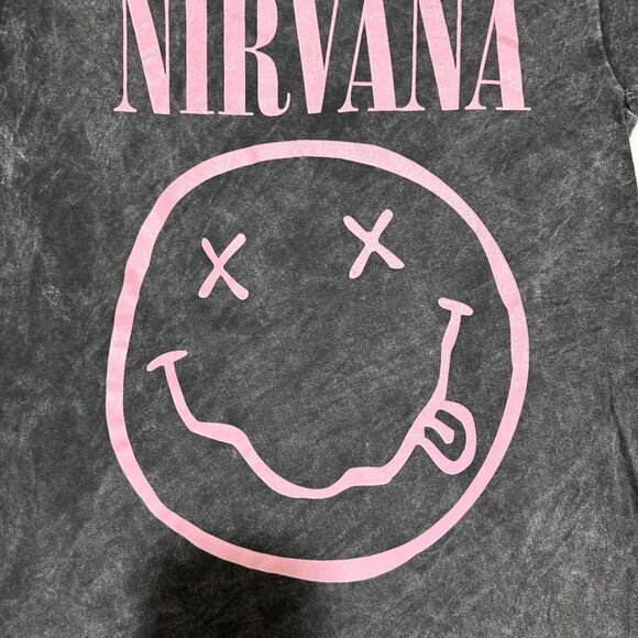 Nirvana Womens Size‎ S Black Wash Pink Happy Face Graphic Print Tee T-Shirt NEW - Picture 3 of 5